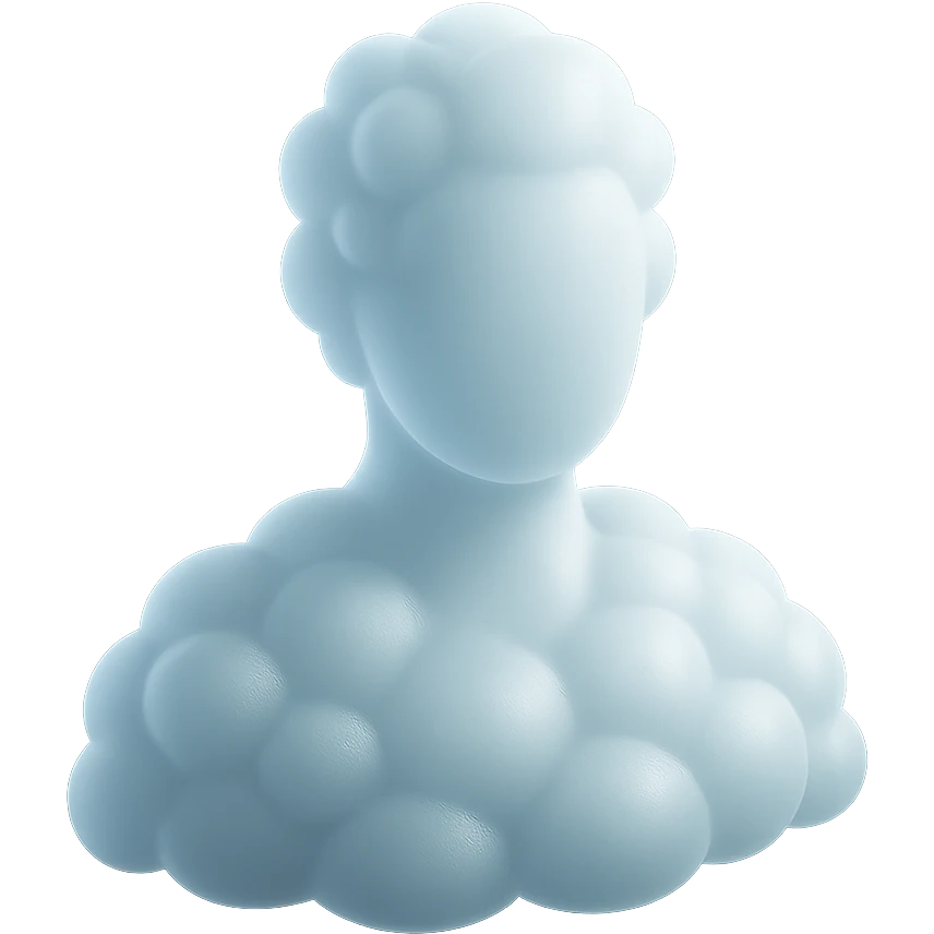 person made entirely of bright convex clouds, shoulder up, front view, matte glass style emoji