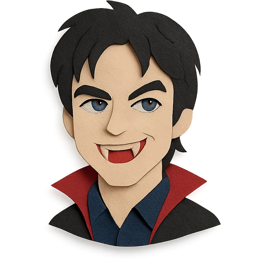Damon Salvatore as a vampire with dark hair, blue eyes, fangs, playful expression emoji