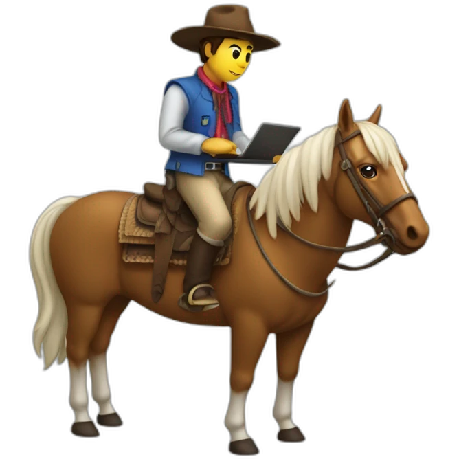 gaucho but not wearing a hat, riding on a horse writing code on a laptop emoji