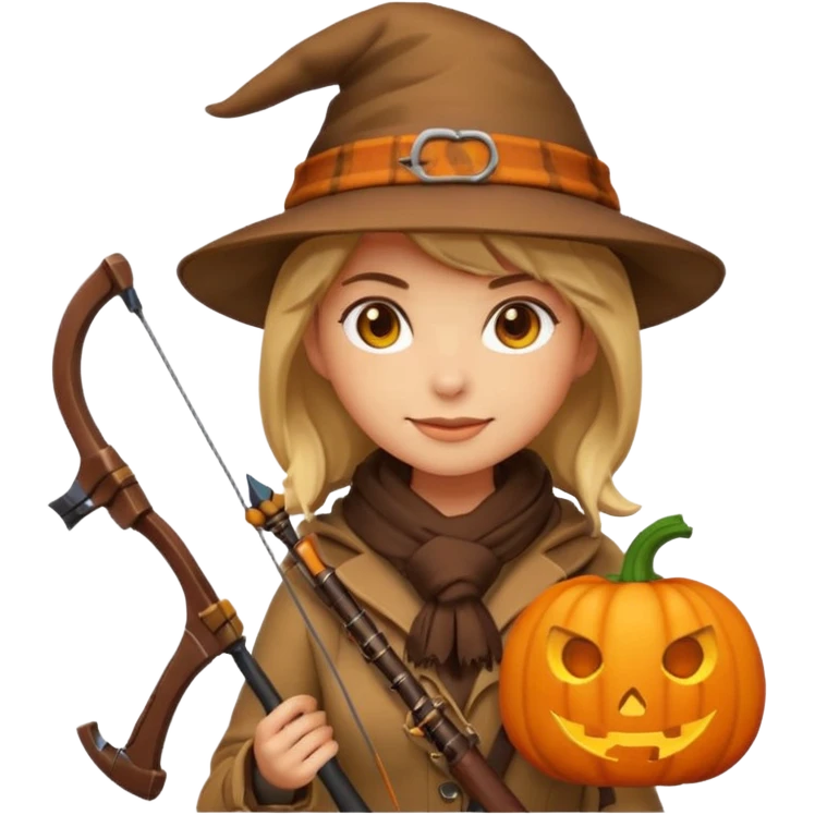 female human monster hunter emoji, wearing brown coat and hat, holding crossbow, soft smile, scarf, glowing pumpkin by her side, Halloween fantasy style, clean vector Apple emoji look, bright colors, white background, square emoji
