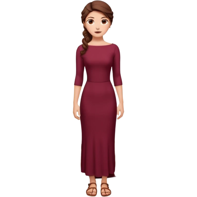 Chica blanca ,ojos marrones, vestido granate ajustado largo, escote barco cuerpo entero ,pelo muy largo y recogido sandalias emoji