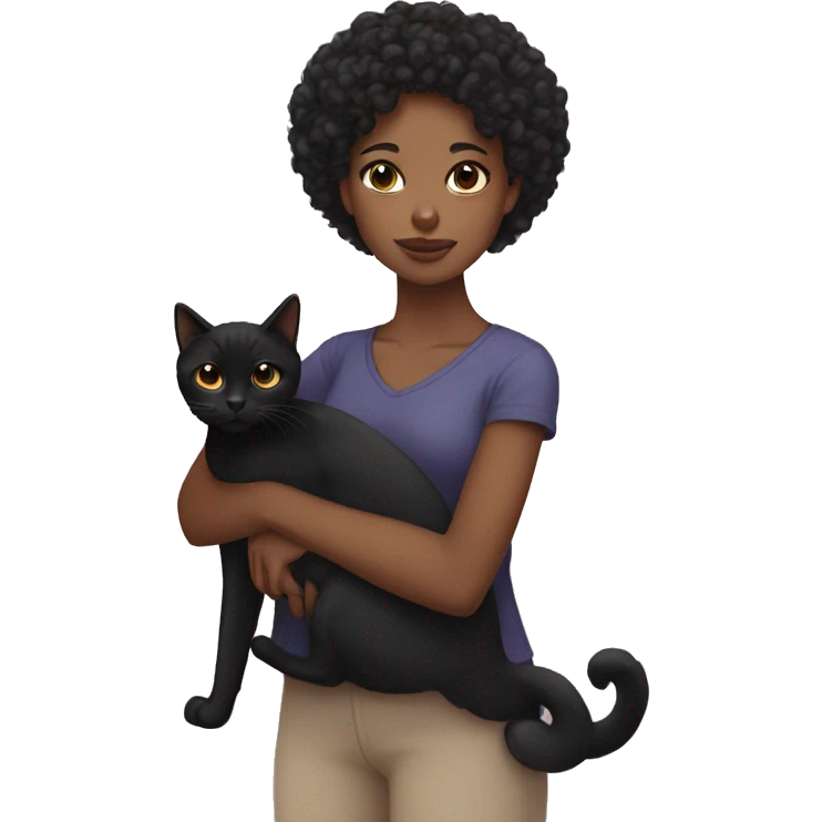 A black girl with thin eyes and with short black curly hair holding a black cat in her arms  emoji