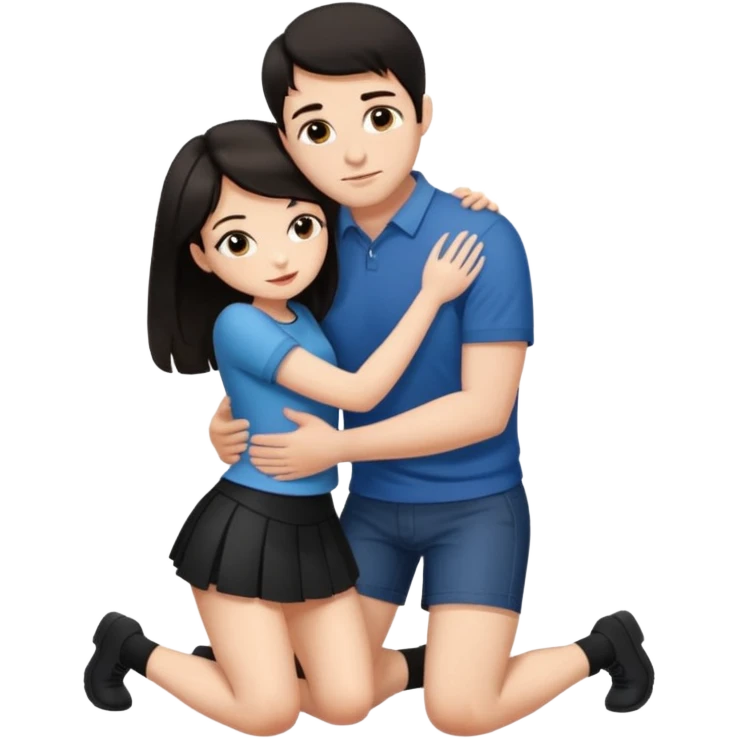 man with dark hair on knees, facing dark haired woman in a micro mini skirt, hugging her waist emoji
