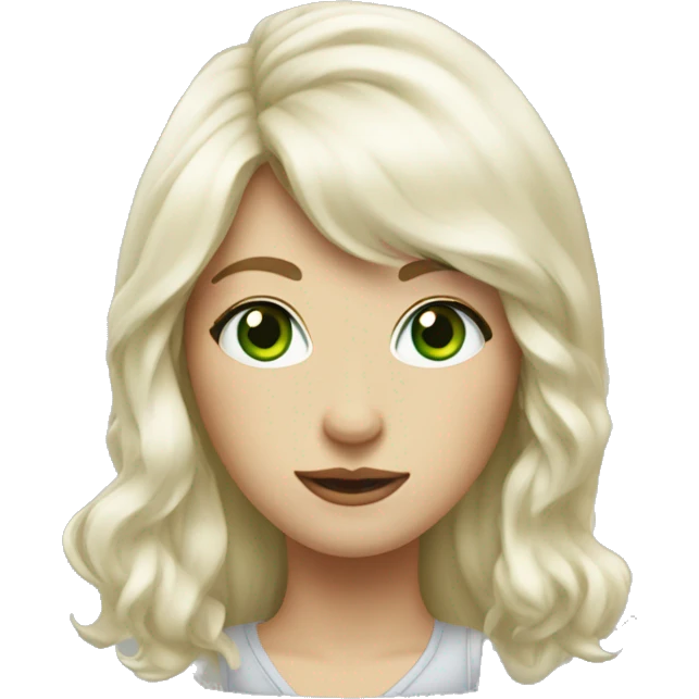 woman, a bit wave hair with bang, hair below shoulders, green eyes, white skin, hipster look, emoji