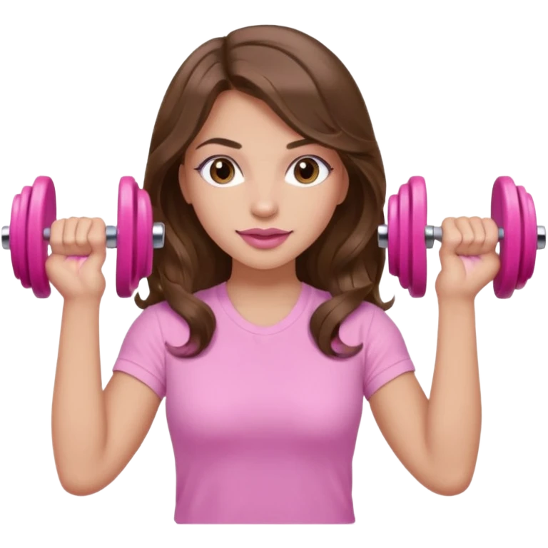 girl with wavy long brown hair, brown eyes, light to medium complexion, long lashes, light pink lipstick, wearing light pink shirt, lifting a pink dumbells emoji