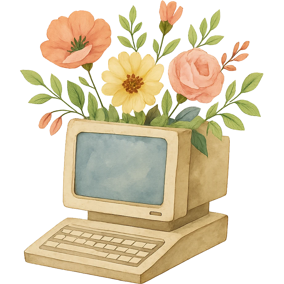 watercolor style computer with flowers growing out of it emoji