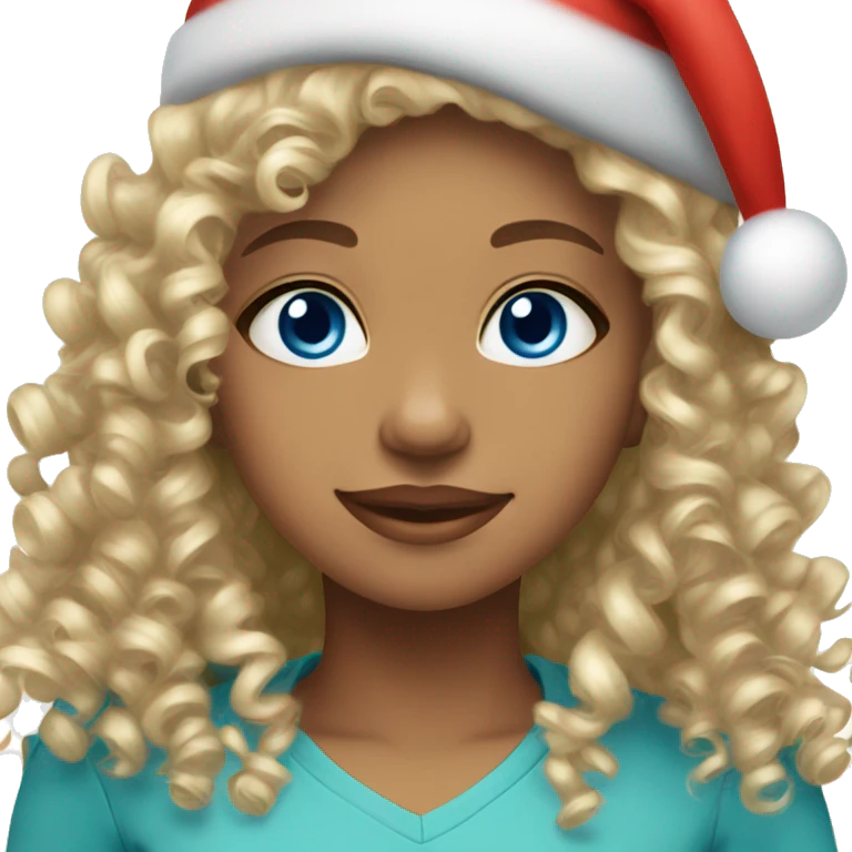 Light skin blue eyes Curly girl wearing Christmas hat emoji