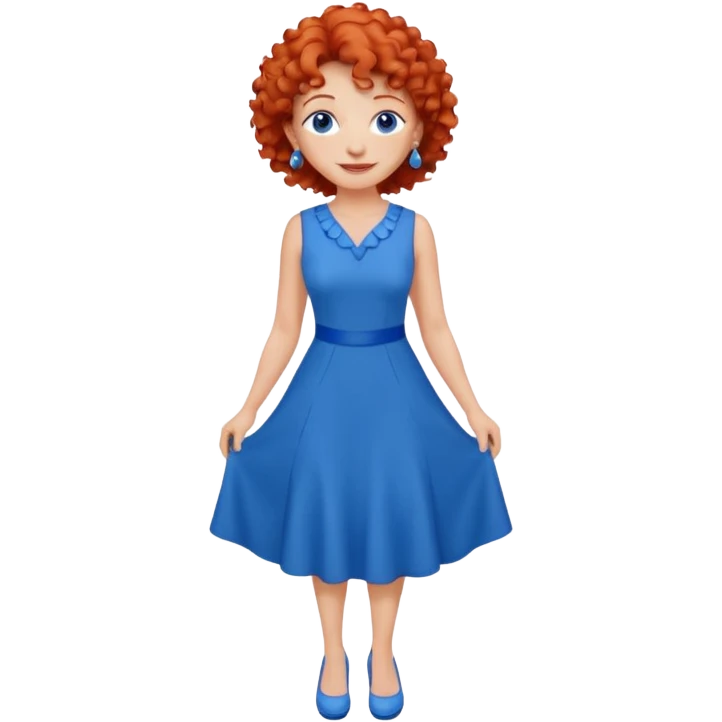 una profesora mayor simpática con el pelo rojo rizado, ojos azules, vestido azul y pendientes azules hablando altura completa sonriendo emoji