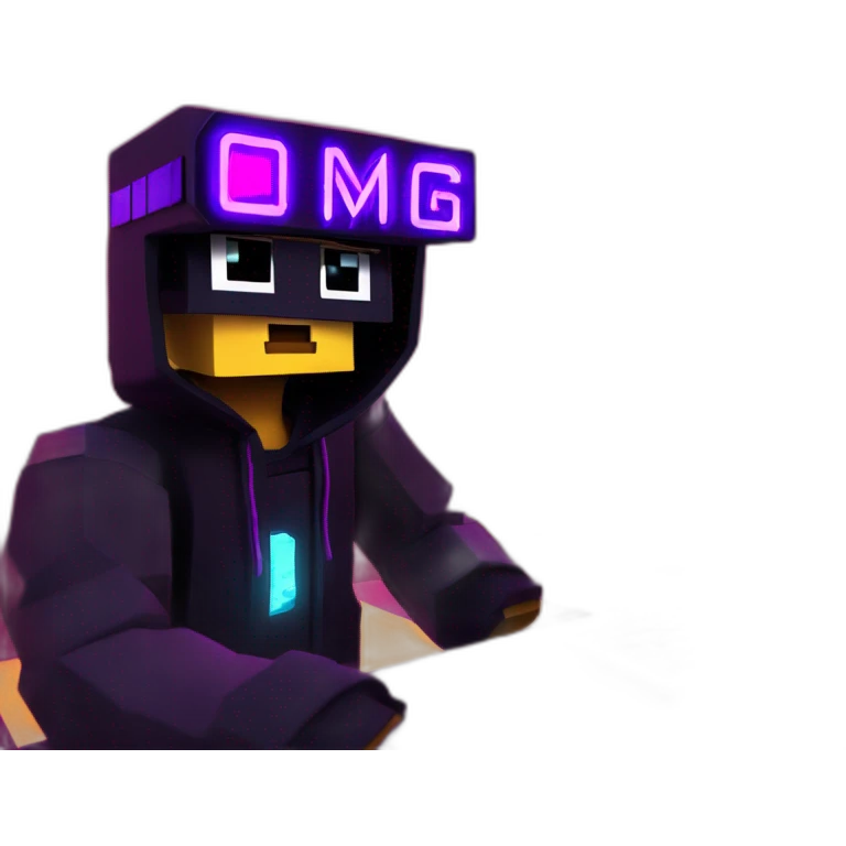 Minecraft hero wearing a black hoodie with "OMG" letters on it and VR headset in a cyberpunk VR environment with violet neon lighting. emoji