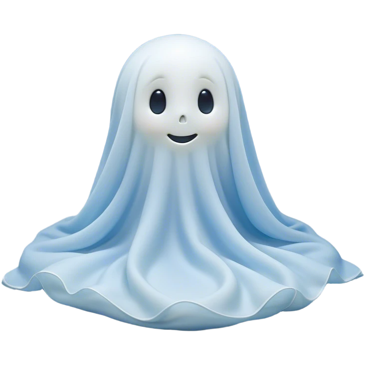 An adorable, peacefully floating sheet-like ghost in gentle pastel whites and blues, its soft, rounded form loosely draped, head resting with closed, serene sparkling eyes and a tiny, contented smile, simplified yet irresistibly charming, highly detailed, with a soft glowing outline that captures the essence of a sleepy, endearing spirit wrapped in cozy slumber! emoji