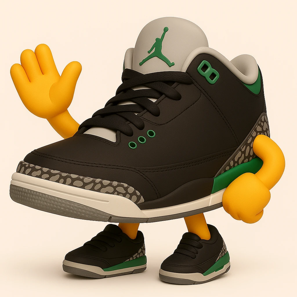 Create a sneaker character with no face, arms and legs, in a waving pose, inspired by 3D emoji style. The style should reflect the look of Microsoft style 3D fluent emojis, focusing on the sneaker character's friendly waving pose. emoji