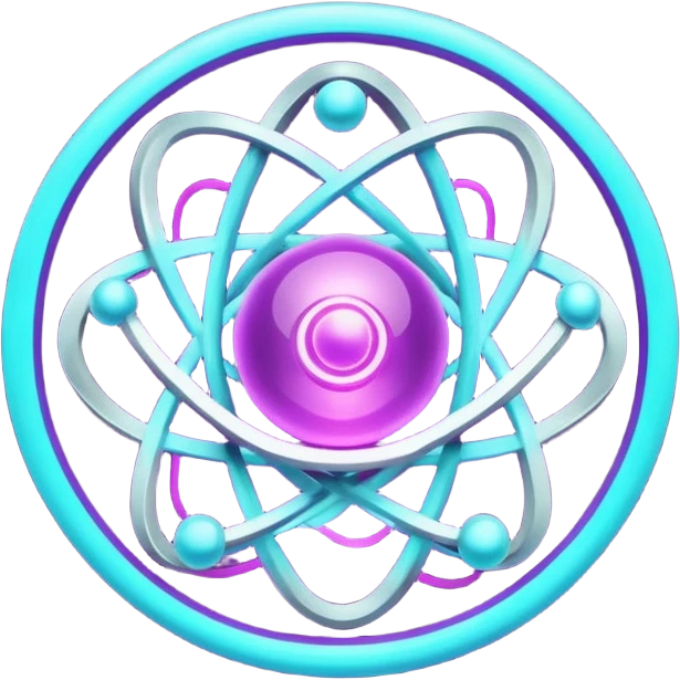 futuristic minimalistic logo icon, glowing atom core with orbiting energy rings, neon purple (#8B5CF6) and cyan (#00E0FF) glow, representing Atom team creativity and innovation, dark background, clean tech design, no face, 1:1 aspect ratio emoji