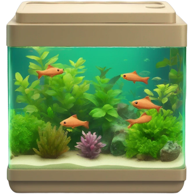 Rectangular fish tank, beige lid and wedges with green plants inside  and  fish in neon colors  emoji