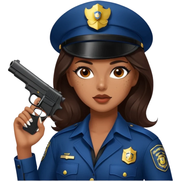 A sexy girl. with caramel skin. Dark brown hair and brown eyes. She has freckles. Wearing sexy makeup. Dressed as a sexy cop. wearing lingerie. Wearing heels on her feet. Holding a gun emoji