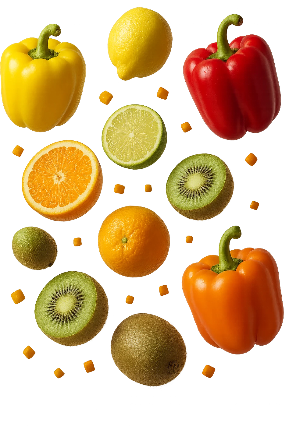 agrumi, kiwi, peperoni fluttuano in aria insieme a piccoli pezzi di colon in 3d, iperrealistici 4k emoji