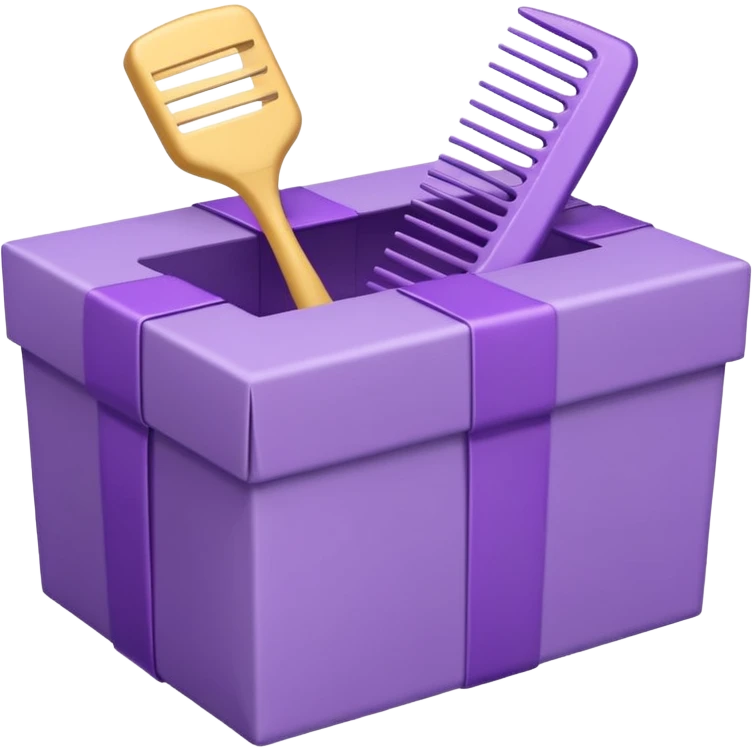 A cute emoji-style illustration of a purple gift box opened, with a comb inside the box. Soft pastel purple tones, simple shapes, rounded edges, clean lines, kawaii style, minimal details, bright and friendly expression, centered composition, transparent background, sticker emoji design emoji