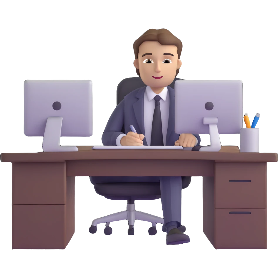 corporate guy with brown hair at a desk, working on CRM software emoji
