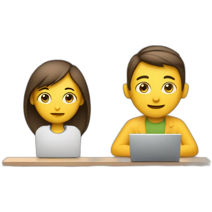 one person with laptop, another person observing emoji