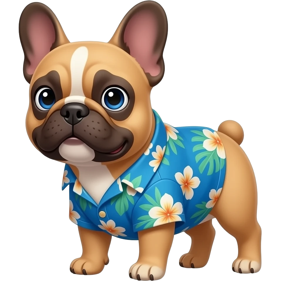 “Emoji style French Bulldog (not a generic dog). Light brown/fawn color, blue eyes, white chest patch. Bat ears, flat snout. Wearing a blue tropical floral shirt. Head slightly tilted, cute expression. Keep same dog face from photo. Clean emoji style.” emoji