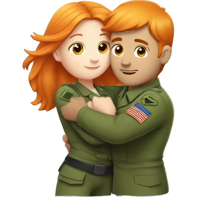 a orange hair girl hugs, white man in a green military uniform emoji