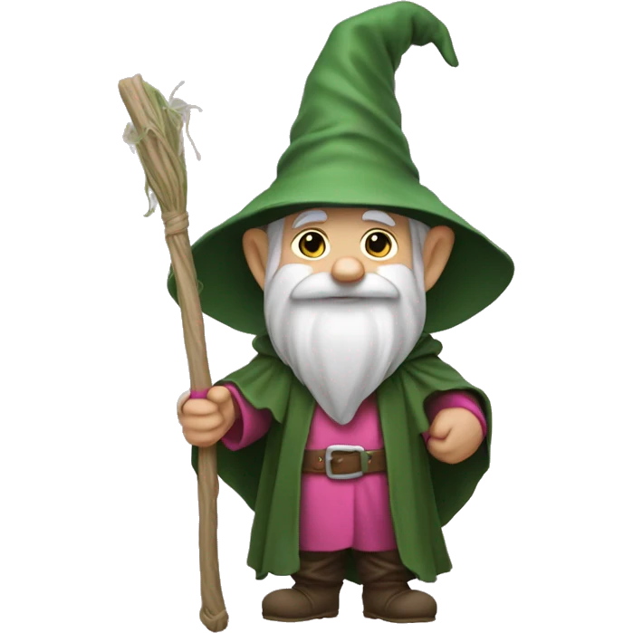 a gnome in a green cloak, a sage's hat and a pink net in his hand. emoji