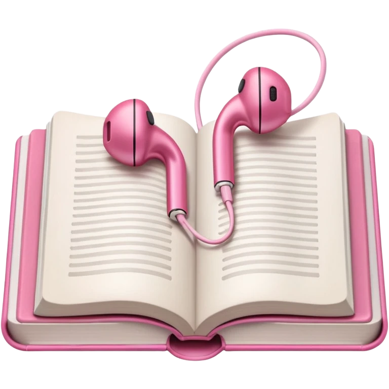  pink Pink Apple-style earbuds lying on an open book, soft pastel tones, cozy and minimal aesthetic, realistic lighting and shadows, top-down view, transparent background" emoji
