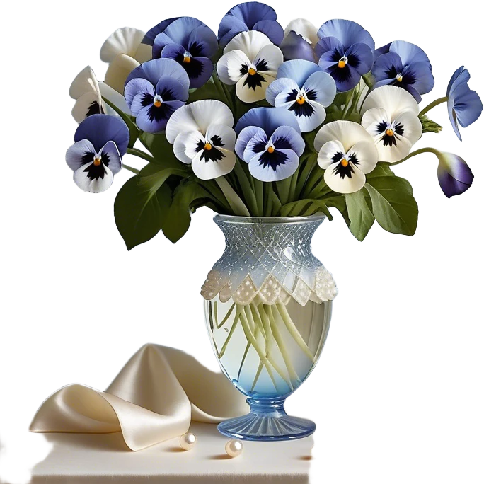 A carefully arranged still life featuring a crystal vase filled with an enchanting mix of soft blue and creamy white pansies, their petals unfolding like miniature works of art. A string of pearls is casually draped beside the vase, reflecting a subtle iridescence under candlelight. The backdrop is a hand-painted silk fabric in gentle shades of pearl and ivory, its smooth texture enhancing the refined beauty of the floral display emoji