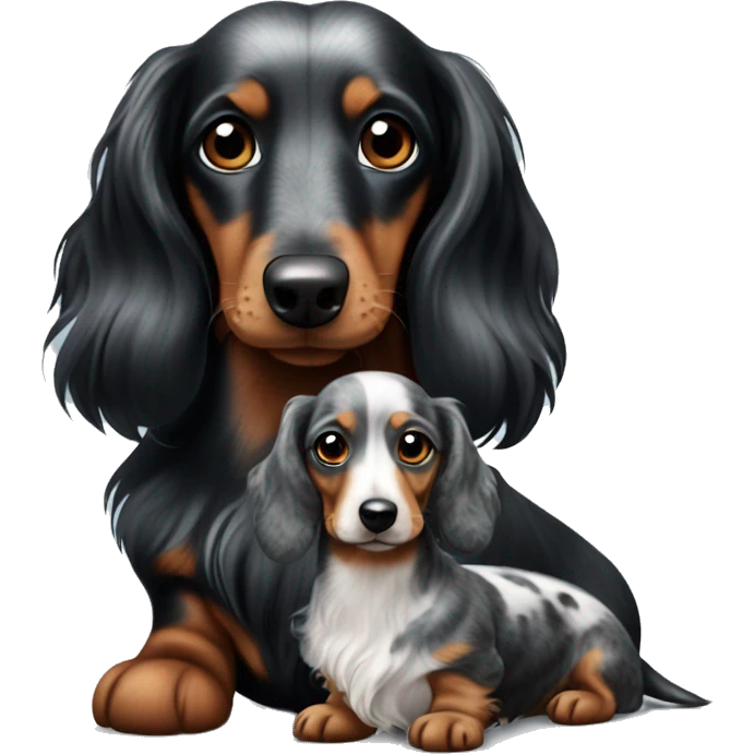 Long-haired black merle dachshund with small one  emoji