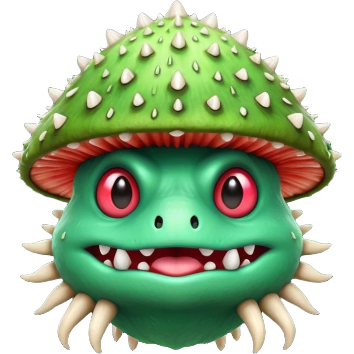 poisonous mushroom monster portrait, head and shoulders only, animal-like creature, mushroom cap head with spikes, toxic green glow, beast-like eyes, furry neck details, monstrous but cute fantasy vibe, 3D cartoon, mobile game icon style, clean background, no text, no watermark

 emoji