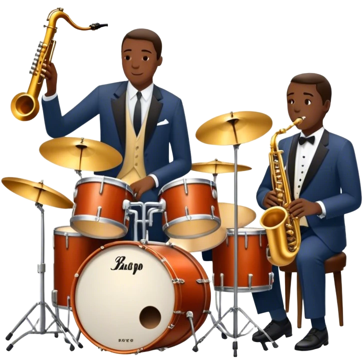 Icon for Jazz Music: The Jazz Messengers, featuring a dynamic composition with Art Blakey on drums and musicians playing saxophone, trumpet, and piano. Musical notes and a warm jazz club atmosphere emphasize the vibrant hard bop style. Transparent background. emoji