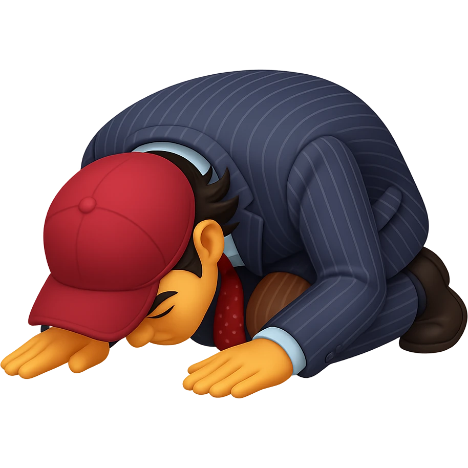 Transform the man in the image into an emoji-style character kneeling down and bowing deeply to the ground with arms and forehead touching the floor, expressing apology or deep respect. The style should be about 80% realistic but still clear, bold, and expressive like standard emojis, capturing the emotion vividly. emoji