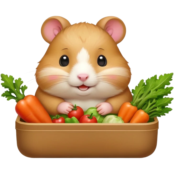 Cute chubby cartoon-style hamster holding a small bento box filled with vegetables, smiling proudly. Soft painterly shading, white background, sticker-style illustration emoji