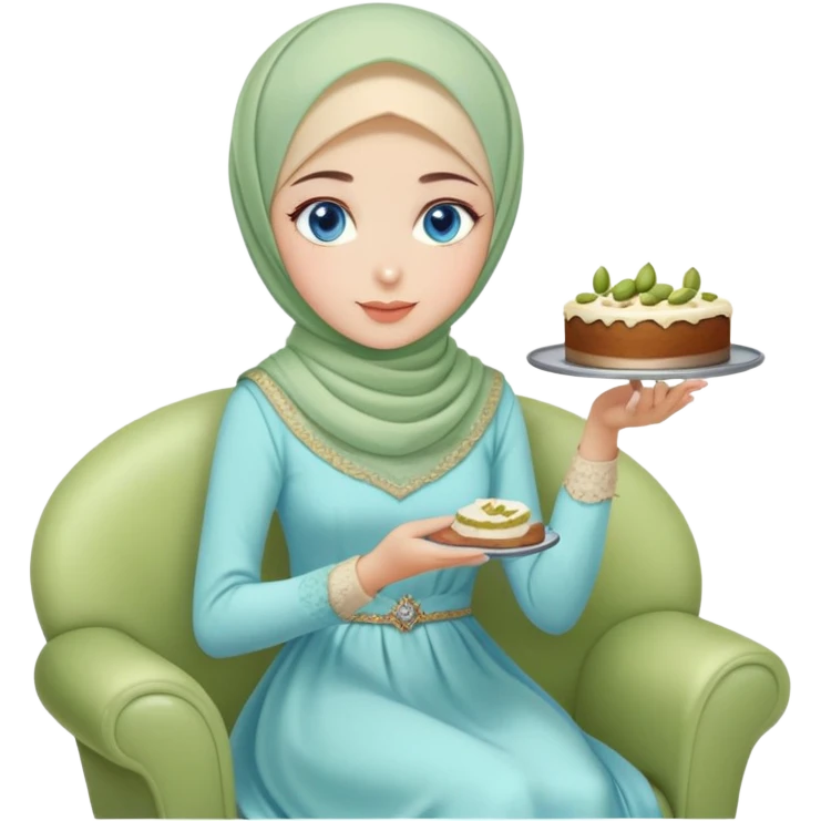 Turkish beautiful finish Konya girl blue eyes with pastel hijab long tail dress and sits on the chair and holds pistachios cake with her hand  emoji
