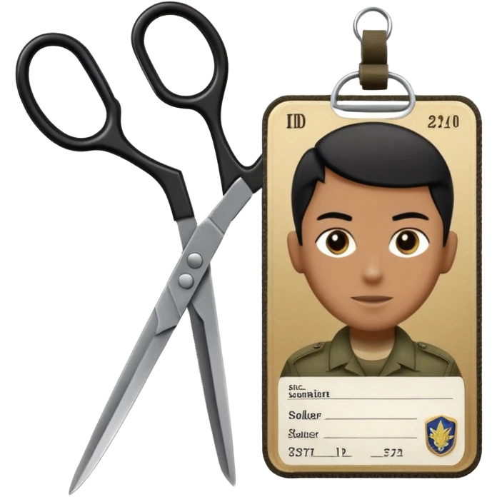 Floating black Scissors cutting an idf soldier ID card in 2 parts .hyper realistic emoji