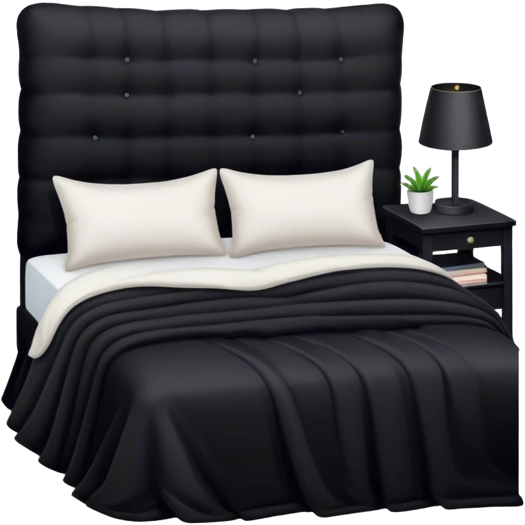 Black bed with pillows and blankets, cozy vibe emoji