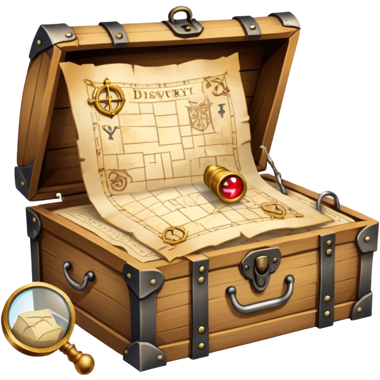 An icon depicting a treasure map with an open chest, surrounded by clues and mysterious symbols. A magnifying glass hovers over the map, symbolizing the thrill of discovery and adventure. Set on a transparent background, it should evoke the excitement of solving puzzles and exploring new worlds. emoji