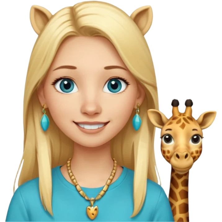 Swedish girl blonde long straigt hair blue eyes turqoise shirt gold earings, girrafe necklace gold small, long lashes smiling closed mouth emoji