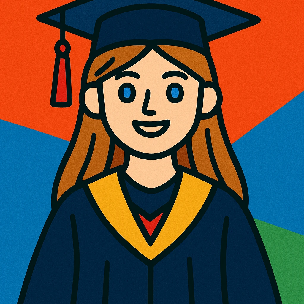 light brown haired girl with long hair, blue eyes, and pale skin wearing graduation regalia, vibrant cartoon style emoji