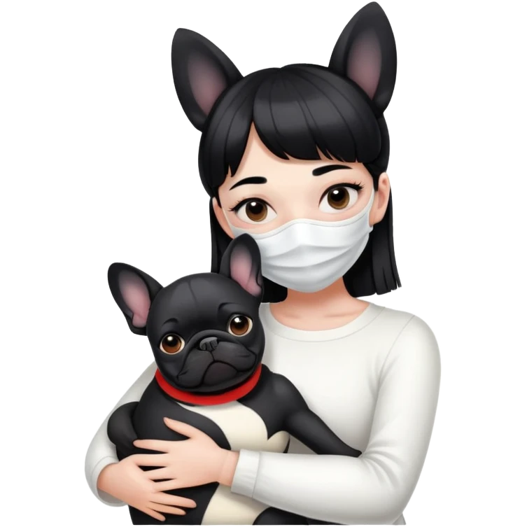 girl with short black straight bangs hair wearing a white mask and hugging a black French bulldog emoji