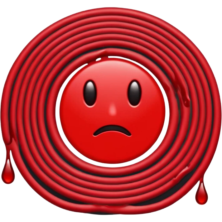 Minimalist emoji-style sticker of a coiled red carpet with drops of blood on the floor around it. Flat design, black and desaturated red tones, no perspective, bold lines. emoji
