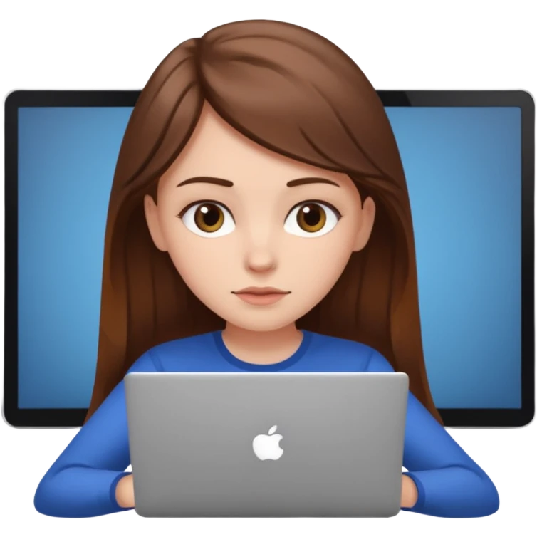 Make an emoji of a white girl with brown hair behind a laptop screen with her mouth not showing emoji