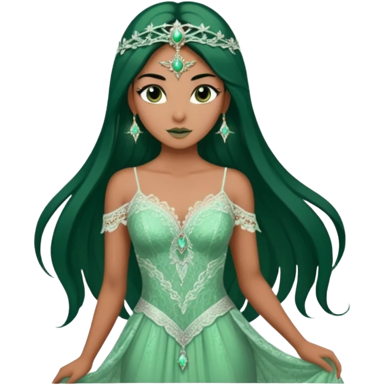 enchantress goddess wearing a embellished shimmering light powder white lace and cassiopeia green gown with tanned skin and super long straight dark brown hair emoji