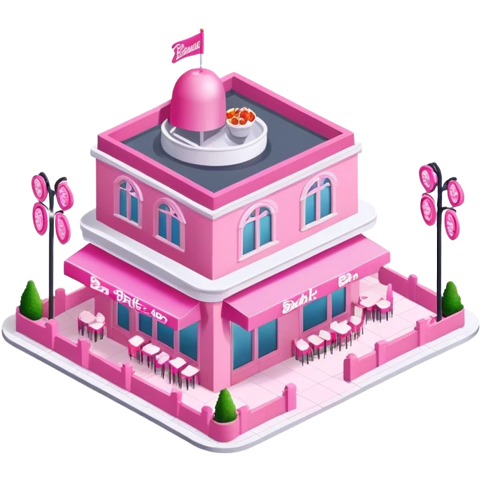 Isometric exterior view of Barbie pink fancy restaurant emoji