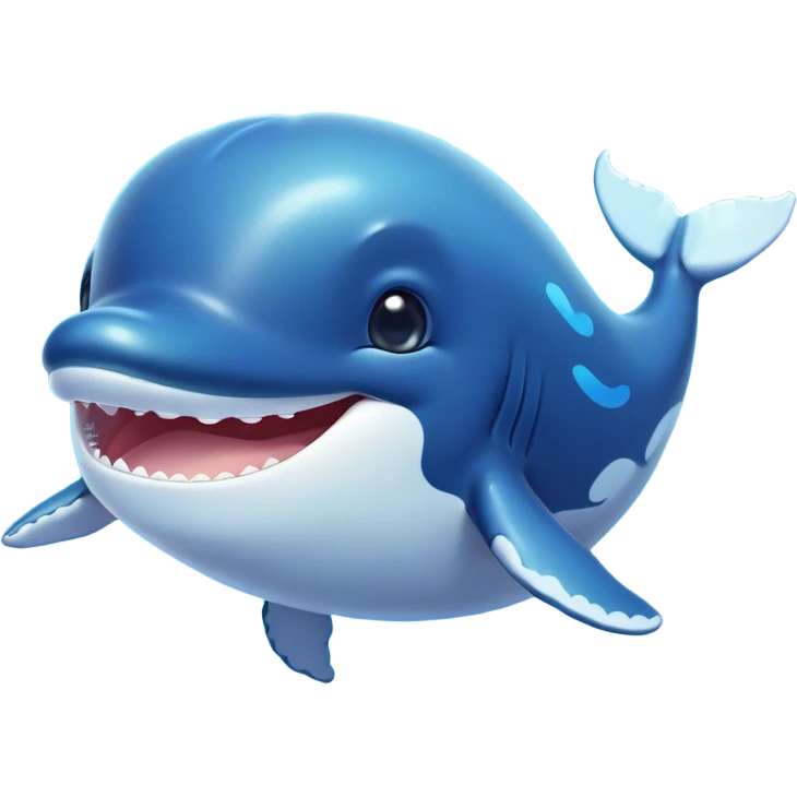 Cinematic Cute Humpback Whale Portrait Emoji, Head tilted playfully and inquisitively, featuring a softly rounded body with bright, sparkling eyes and an adorably expressive mouth, Simplified yet irresistibly adorable features, highly detailed, glowing with a warm, ocean-blue glow, high shine, affectionate and gentle, stylized with a touch of whimsical aquatic charm, soft glowing outline, capturing the essence of a friendly and endearing whale that seems as if it could sing its way into your heart! emoji