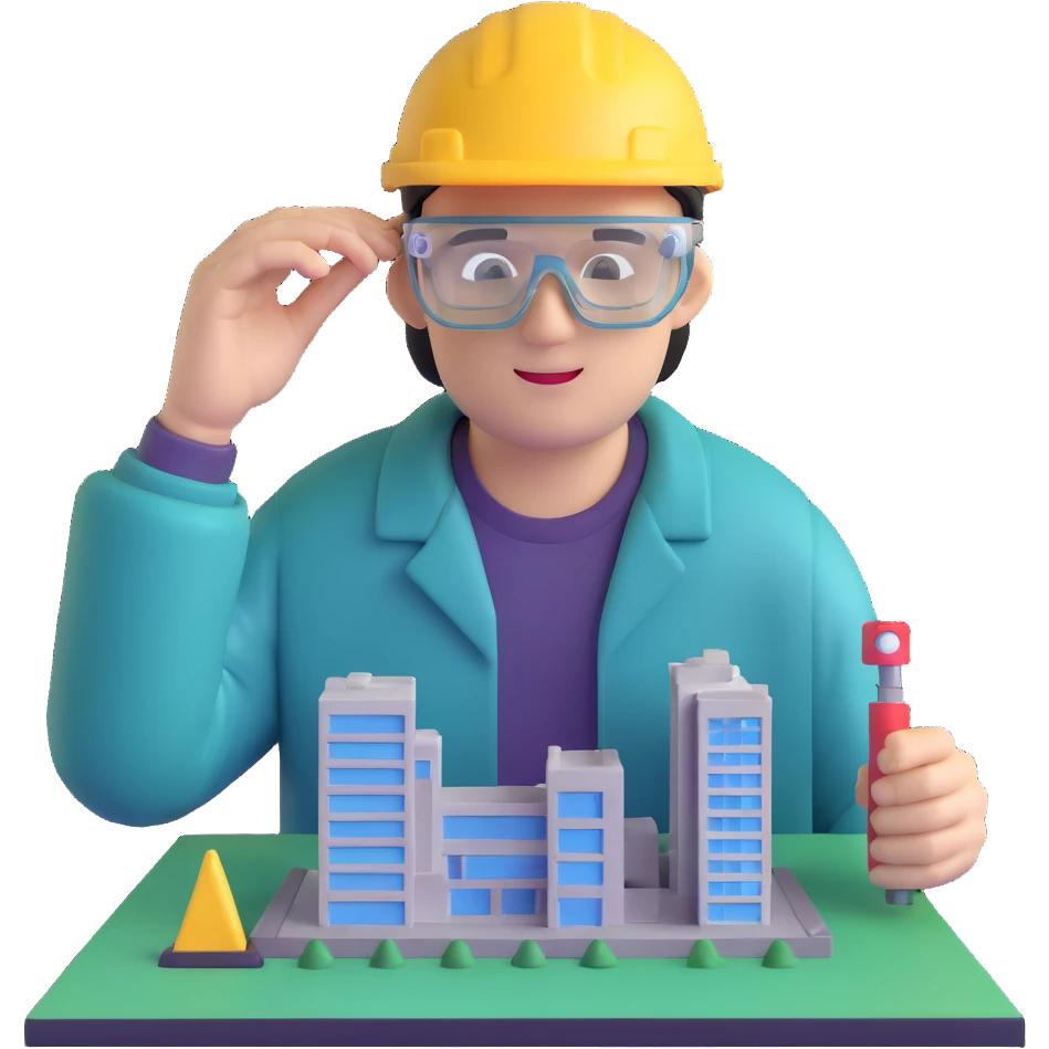 man making a model of a building wearing transparent protective safety glasses emoji