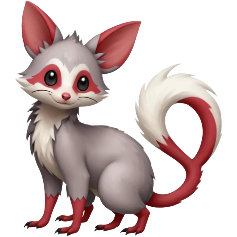 Minccino-Opossum-Lykoi-Zangoose-fusion-hybrid-animal-Fakémon-creature, full body, thin long sleek scaly tail, intricate markings emoji