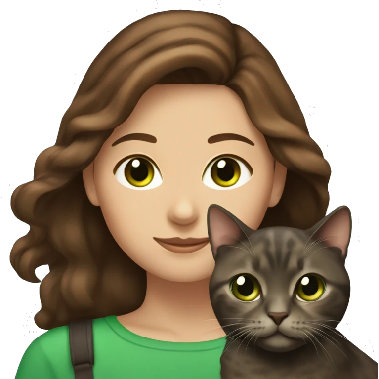 Brown hair woman and green eyes with her dark tortoise shell cat emoji