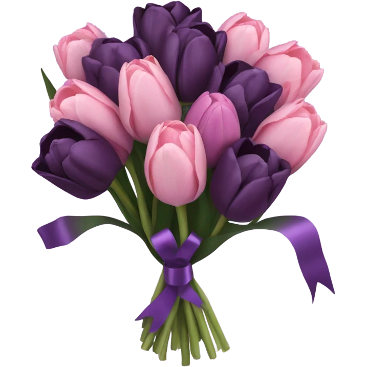 a beautiful aesthetic bouquet composed of dark purple and light pink tulips and dark purple roses tied with a silk purple ribbon emoji