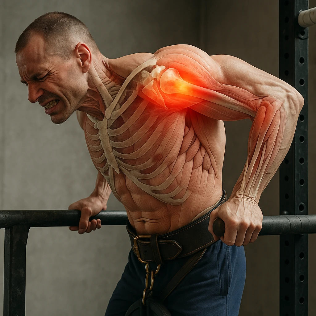 Create a hyperrealistic 4K anatomical version of a man performing a dip on parallel bars, shown from a lateral position as in the reference image. The expression should show discomfort and shoulder pain. Highlight the muscles and bones of the shoulder with realistic anatomical details, including red or highlighted areas where the pain is located. The atmosphere should resemble a gym setting. emoji