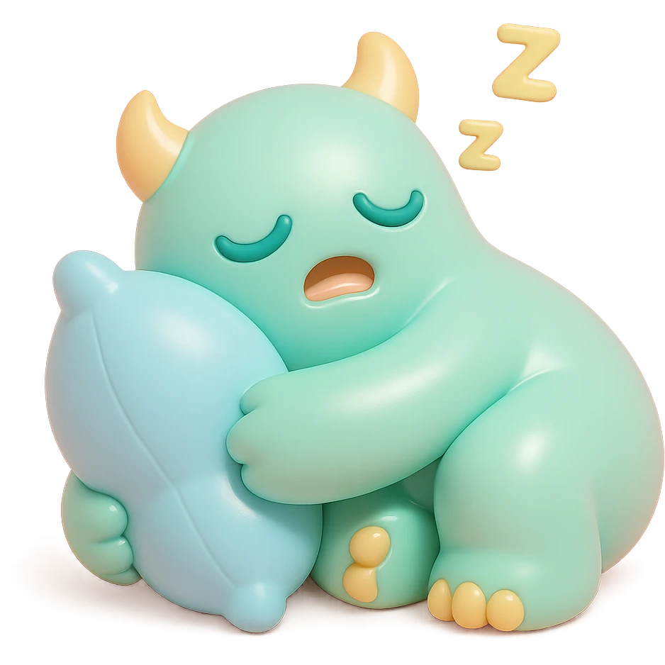 monster curled up with a pillow, snoring, gentle pastel palette, no background, vinyl figure style emoji